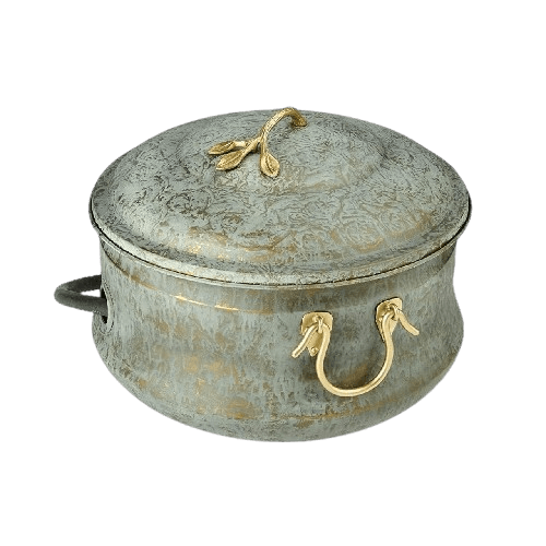 IRON & BRASS GARDEN HOSE POT WITH HANDLE & LID (PATINA)